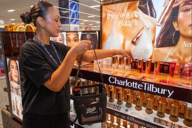 A Charlotte Tilbury Beauty counter display at a Boots store, ahead of the brand's launch at Swansea's Quadrant branch.