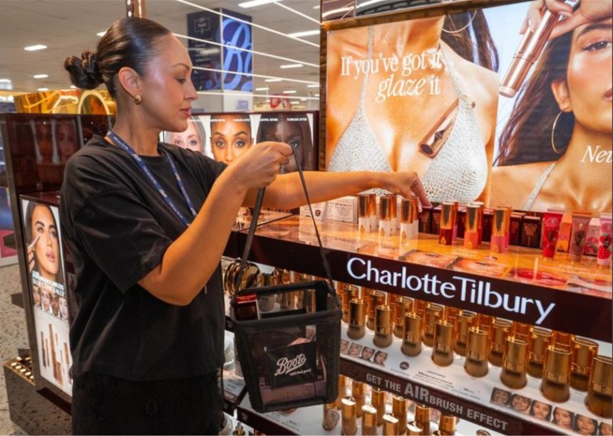 A Charlotte Tilbury Beauty counter display at a Boots store, ahead of the brand's launch at Swansea's Quadrant branch.
