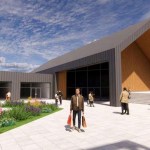Artist's impression of a new anchor store with glass gable and timber cladding at Bridgend Designer Outlet