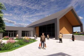 Artist's impression of a new anchor store with glass gable and timber cladding at Bridgend Designer Outlet