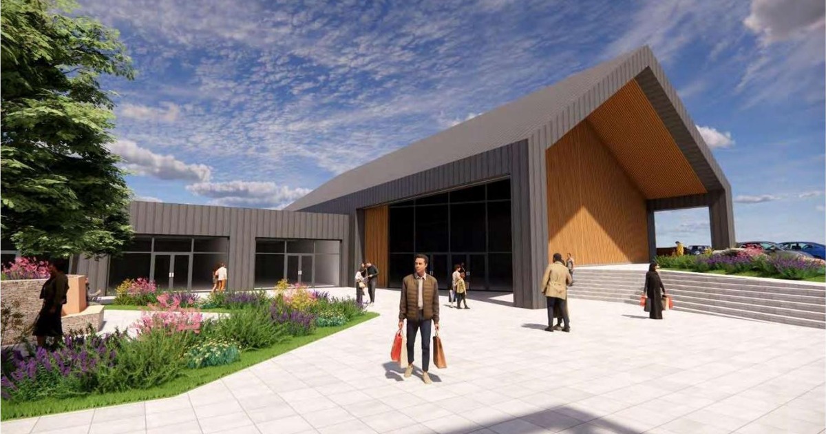 Artist's impression of a new anchor store with glass gable and timber cladding at Bridgend Designer Outlet