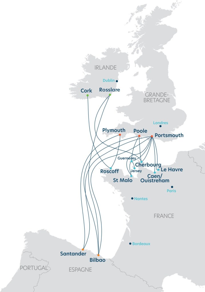 Map of Brittany Ferries routes between Britain, Ireland, France and Spain, showing no Welsh ports