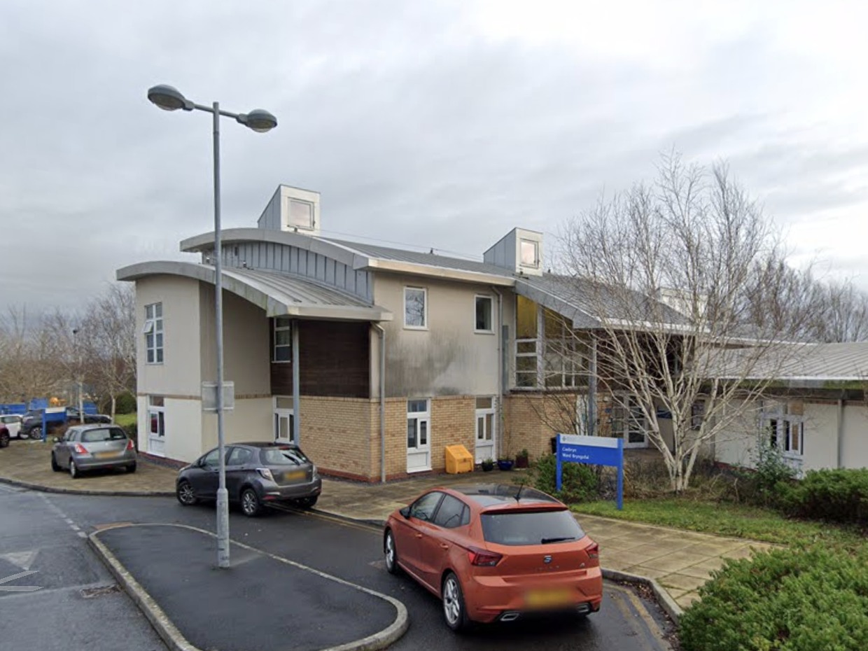 Exterior of Bryngofal Ward at Prince Philip Hospital, Llanelli, with the blue NHS ward sign visible by the entrance.