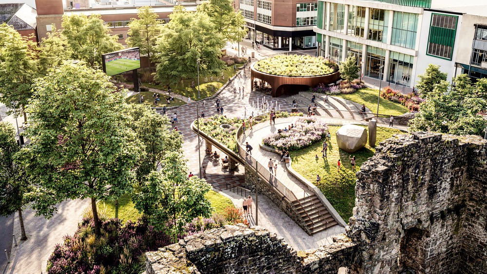 Artist's impression of Castle Square Gardens viewed from above, with lawns, curved planted terraces, a fountain and a big screen beside the castle ruins