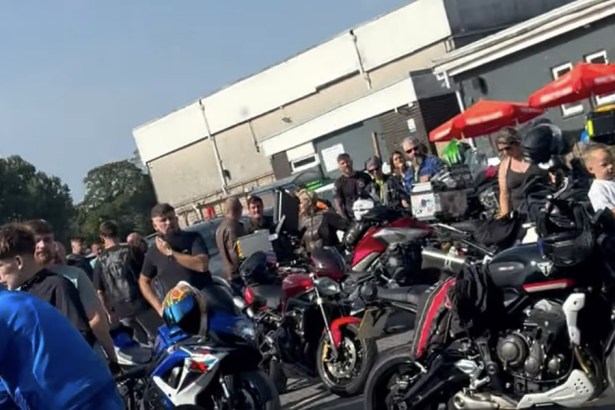Crowds of bikers and onlookers gathered in a car park for the Ceiran Evans memorial ride-out