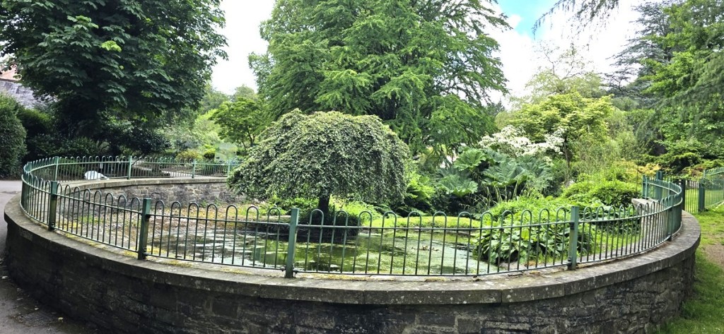 A railed circular pond surrounded by mature trees in Cwmdonkin Park, Swansea