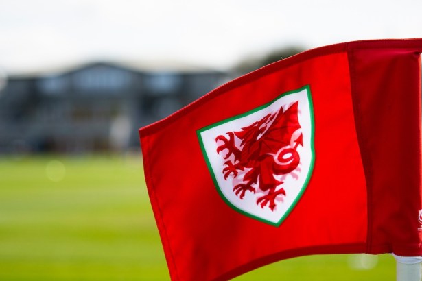 A red corner flag carrying the Cymru dragon crest at the FAW's training ground.