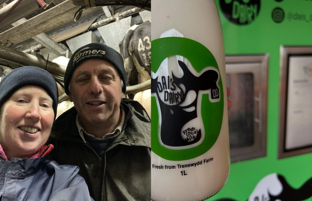 Two farmers in woolly hats taking a selfie in a milking parlour beside a cow, alongside a Dai's Dairy glass milk bottle at the farm's vending machine