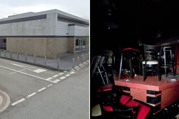 Split image showing the exterior of the closed Frankie & Benny's in Llanelli and its abandoned interior with chairs stacked on the bar