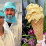 Two Fire and Ice staff in food-safety hats and coats, alongside a scoop of yellow passion fruit sorbet in a cone with a Great Taste 2026 three-star badge