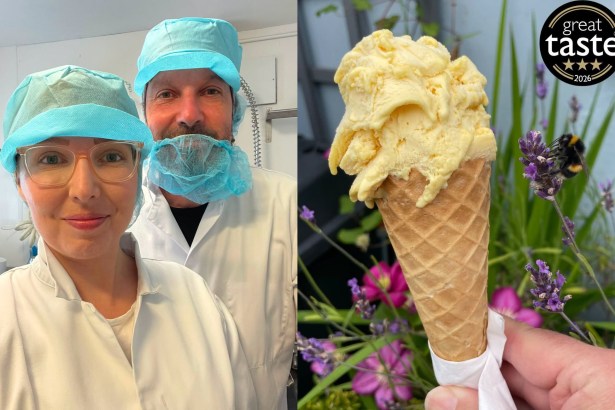 Two Fire and Ice staff in food-safety hats and coats, alongside a scoop of yellow passion fruit sorbet in a cone with a Great Taste 2026 three-star badge
