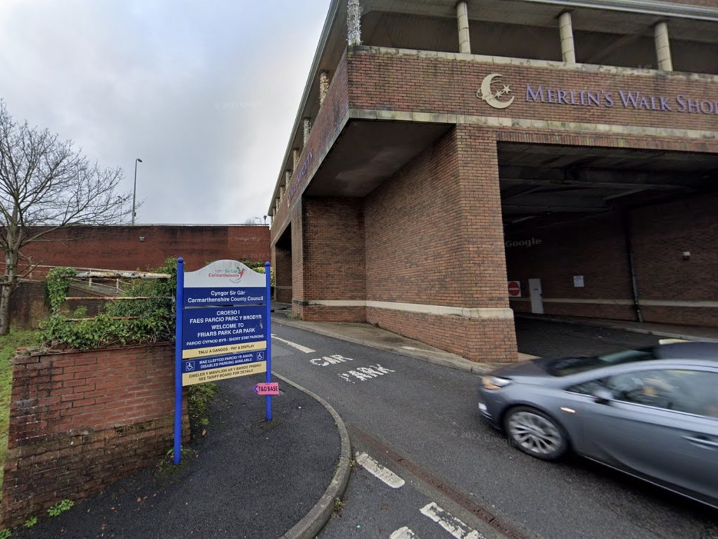The entrance to Friars Park car park in Carmarthen, beneath the Merlin's Walk shopping centre