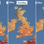 Three Met Office maps side by side showing forecast maximum temperatures for Saturday, Sunday and Monday, with south Wales the hottest area of the UK on each