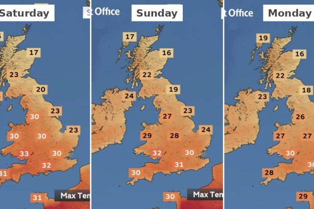 Three Met Office maps side by side showing forecast maximum temperatures for Saturday, Sunday and Monday, with south Wales the hottest area of the UK on each