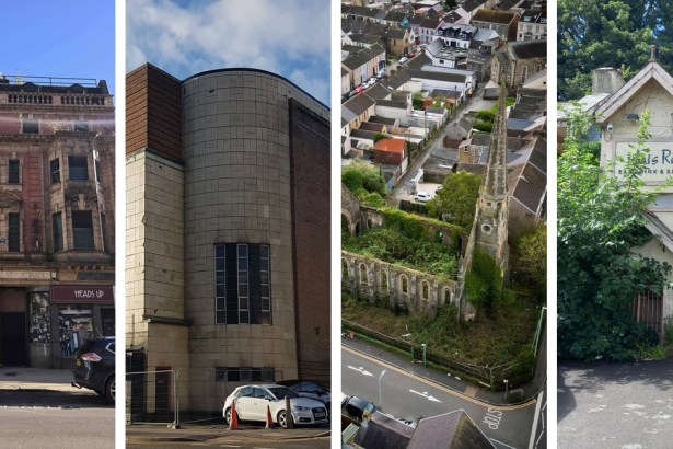 A four-panel composite showing a derelict Edwardian cinema facade, an Art Deco cinema tower, an aerial view of a ruined overgrown chapel, and an abandoned pub gable.