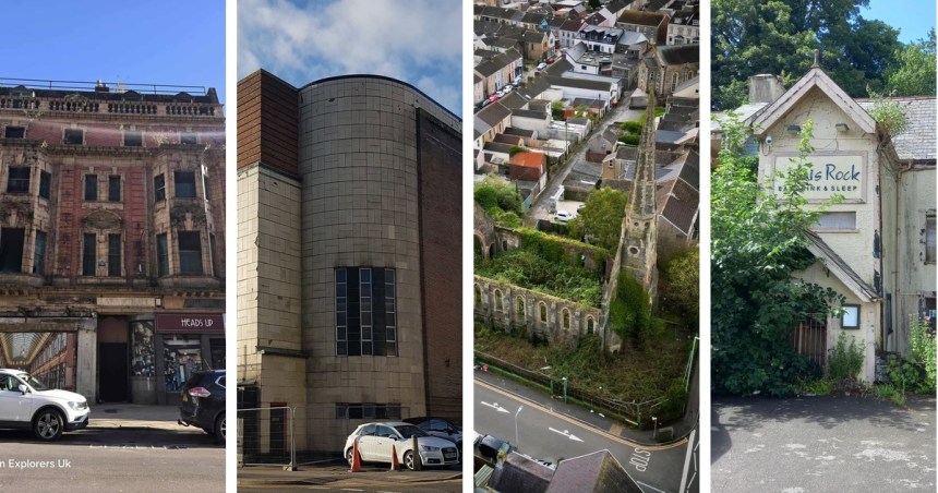 A four-panel composite showing a derelict Edwardian cinema facade, an Art Deco cinema tower, an aerial view of a ruined overgrown chapel, and an abandoned pub gable.