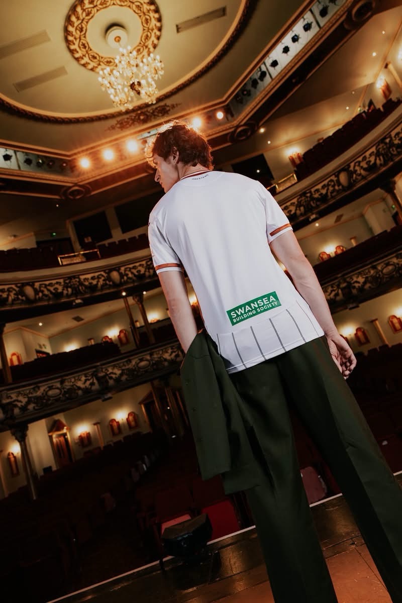 The back of the new Swansea City home shirt with the Swansea Building Society logo, seen in the Grand Theatre