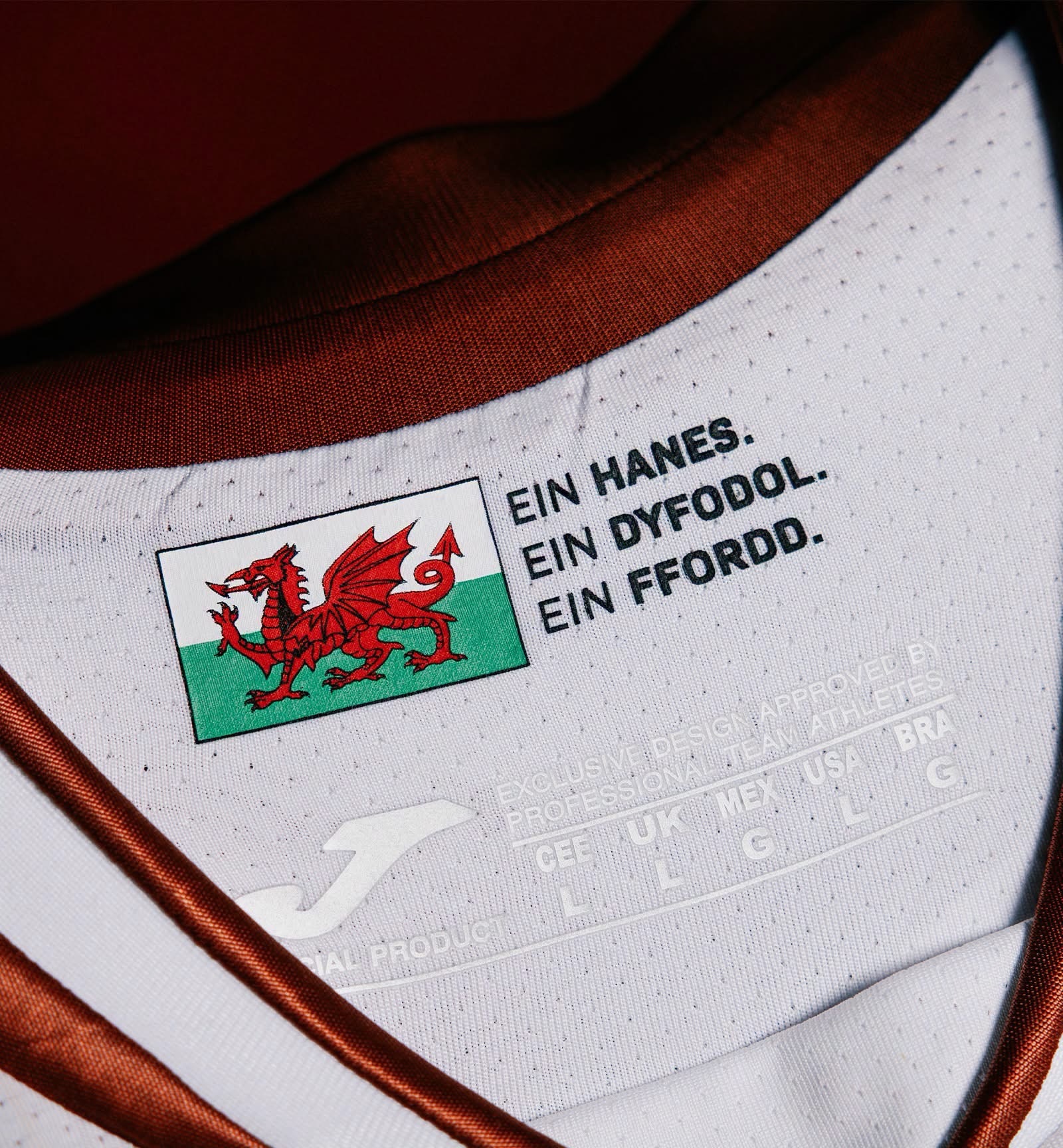 The Welsh flag and the words Ein Hanes Ein Dyfodol Ein Ffordd printed inside the collar of the new Swansea City shirt