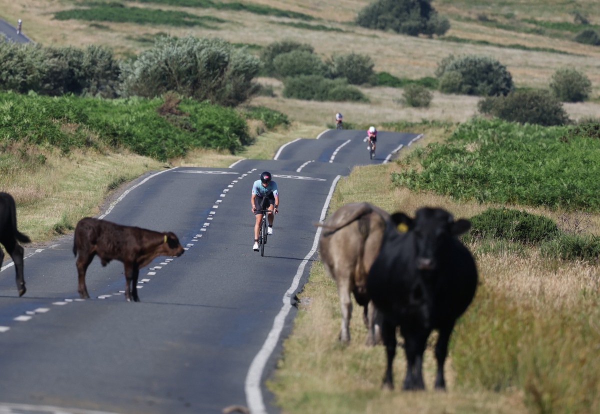 A lone cyclist in aero position on an empty road across open Gower moorland under a blue sky