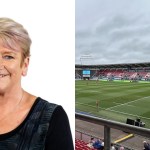 Split image of the interior of Parc y Scarlets stadium and Carmarthenshire Council leader Linda Evans.