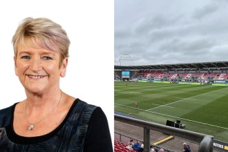 Split image of the interior of Parc y Scarlets stadium and Carmarthenshire Council leader Linda Evans.