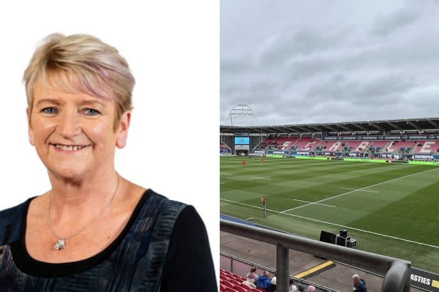 Split image of the interior of Parc y Scarlets stadium and Carmarthenshire Council leader Linda Evans.