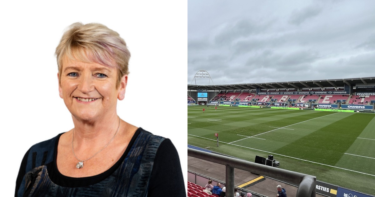 Split image of the interior of Parc y Scarlets stadium and Carmarthenshire Council leader Linda Evans.