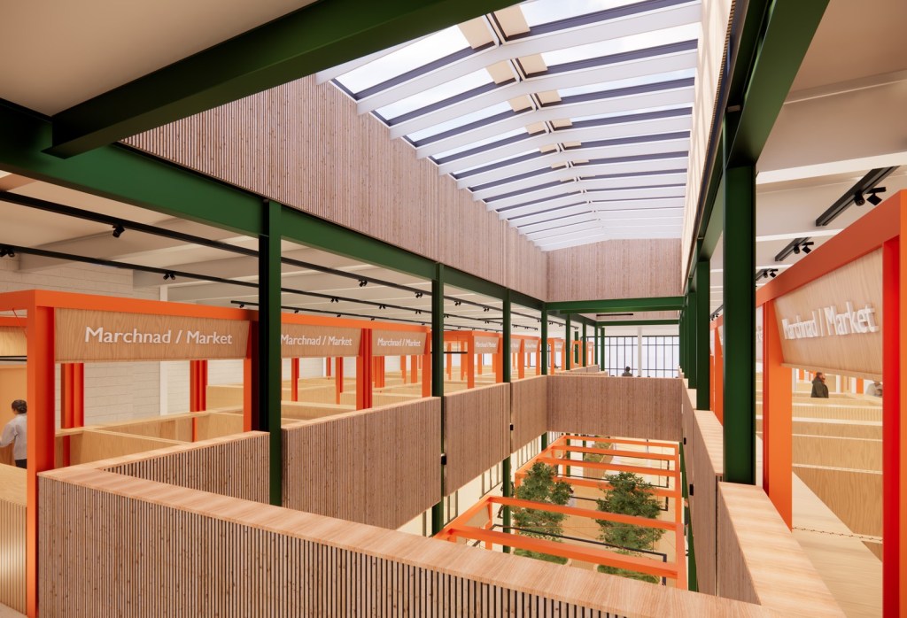 Architect's visualisation looking across the central void of the proposed Llanelli Market Hall from the first floor, with orange-framed stalls and a glazed roof