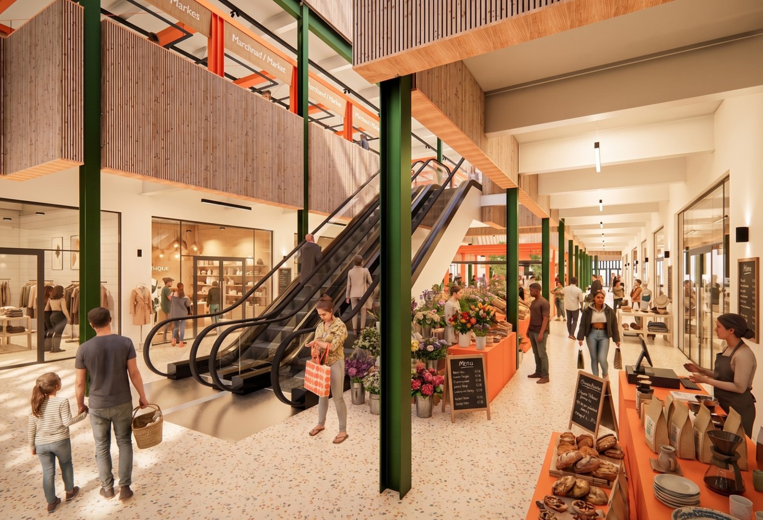 Architect's visualisation of the main entrance atrium inside the proposed Llanelli Market Hall, with orange-framed market stalls, timber-lined balconies and shoppers