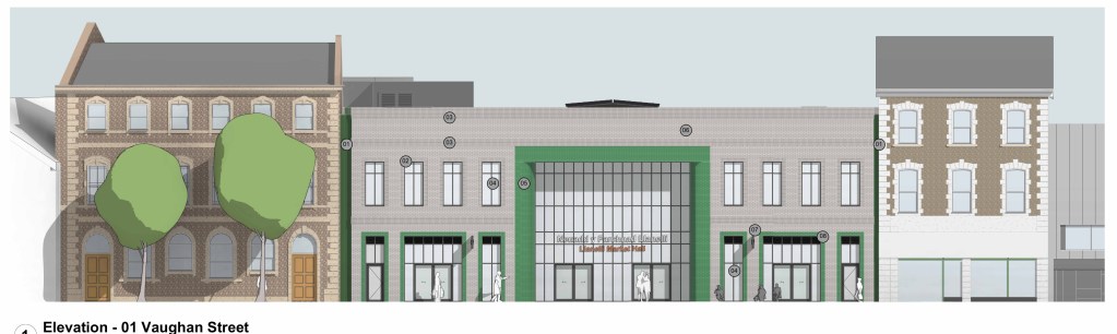 Architect's street elevation drawing showing the proposed Llanelli Market Hall with its green-framed entrance on Vaughan Street, between period buildings including Llanelly House
