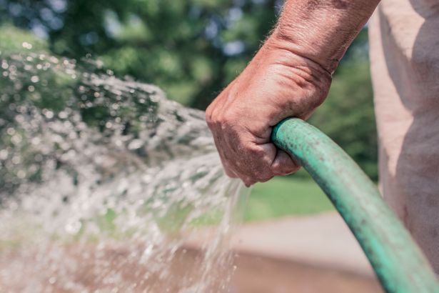 Close-up of a man's hand holding a green hosepipe with water spraying out, with a garden blurred behind