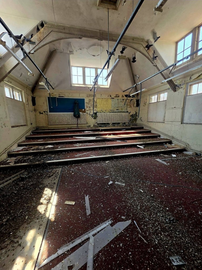 Pigeons flying beneath the vaulted ceiling of a derelict tiered school hall covered in droppings