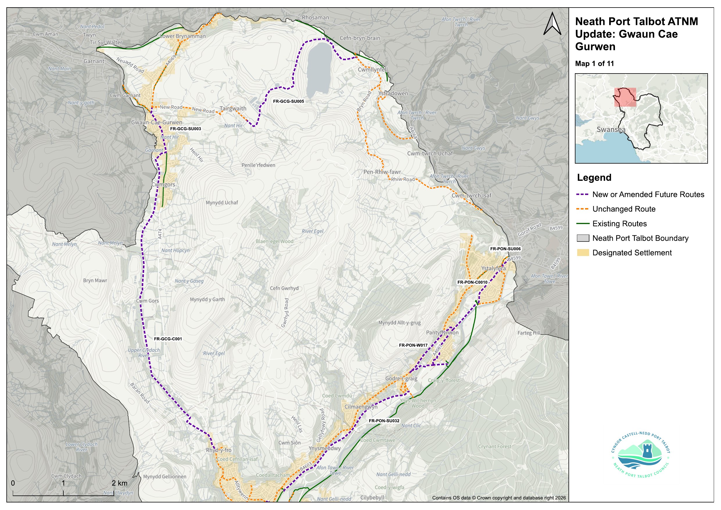 Council map showing proposed walking and cycling routes around Gwaun-Cae-Gurwen.