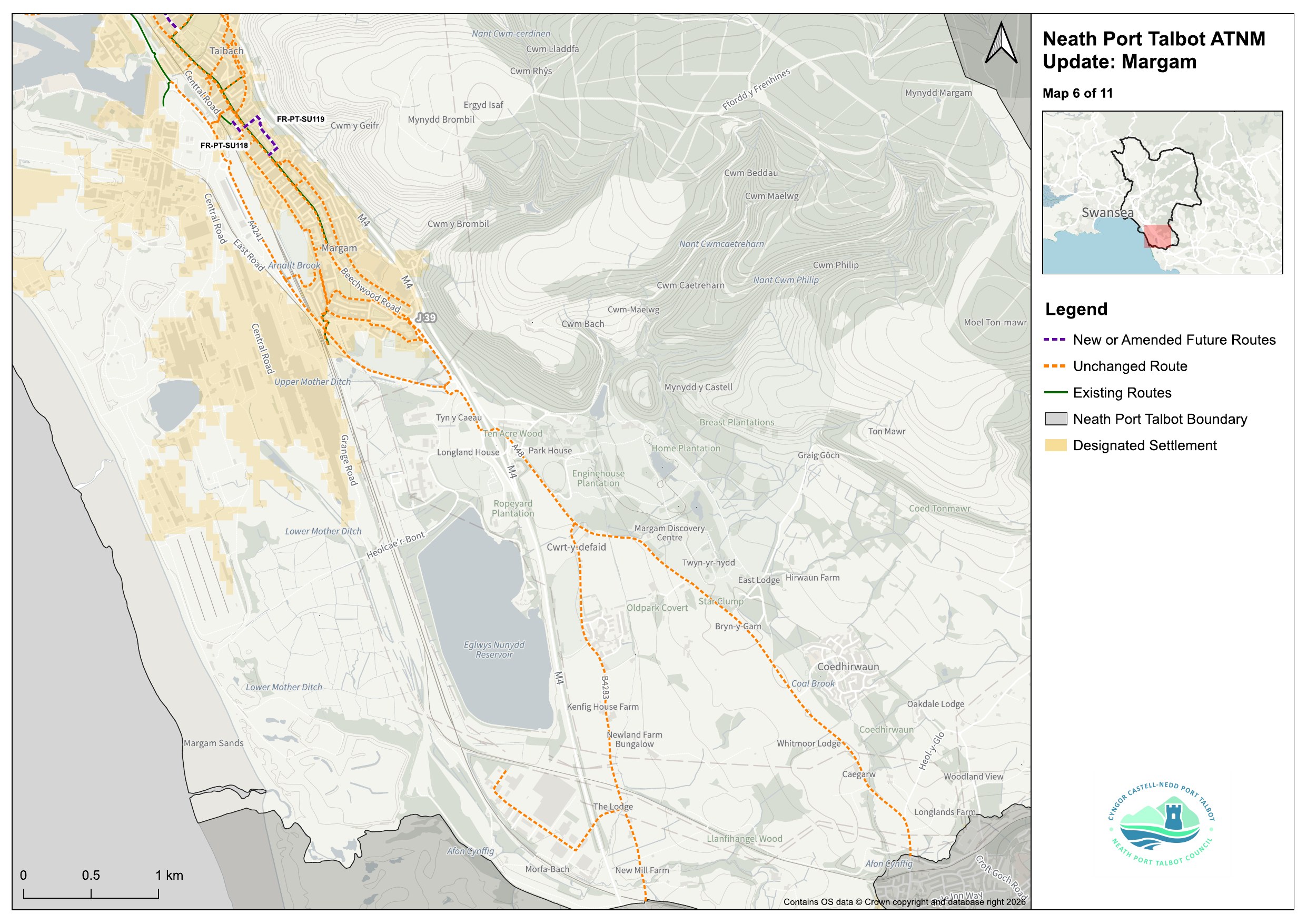 Council map showing proposed walking and cycling routes across Margam and Taibach.