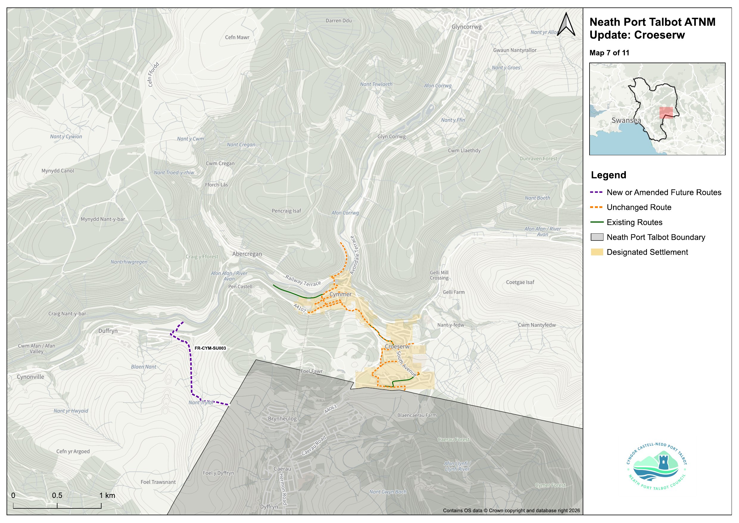 Neath Port Talbot Council map showing proposed walking and cycling routes around Croeserw.