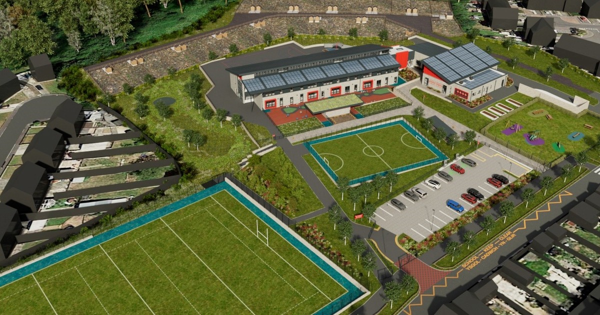 An aerial artist impression of the new Mynydd Cynffig Primary School at Kenfig Hill, showing the school building with solar panels, sports pitches, play areas and a car park