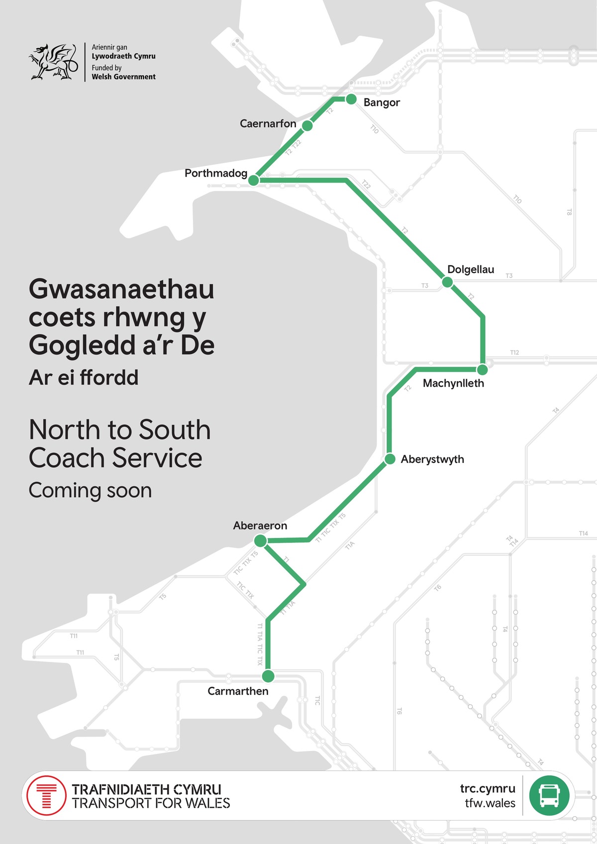 Map of Wales showing the new coach route in green, running from Bangor through Caernarfon, Porthmadog, Dolgellau, Machynlleth, Aberystwyth and Aberaeron to Carmarthen.