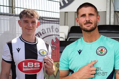 Ammanford AFC players model the new black-and-white home shirt and turquoise away shirt