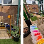 A composite of two photos showing a school nursery's outdoor area — a wooden Little Garden archway with planters, and a courtyard with a blue water table and tubs of colourful toys.