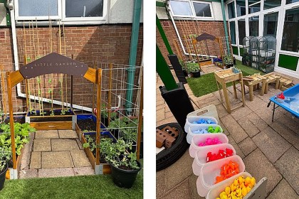 A composite of two photos showing a school nursery's outdoor area — a wooden Little Garden archway with planters, and a courtyard with a blue water table and tubs of colourful toys.