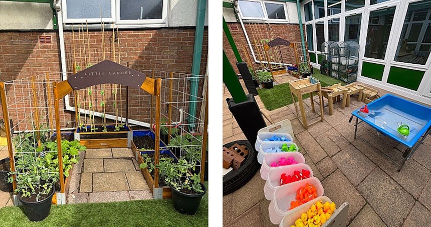 A composite of two photos showing a school nursery's outdoor area — a wooden Little Garden archway with planters, and a courtyard with a blue water table and tubs of colourful toys.