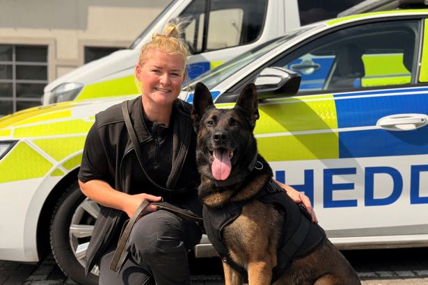 Police dog Sonny, a Belgian Malinois wearing black protective body armour, sitting beside his smiling handler in front of two police vehicles