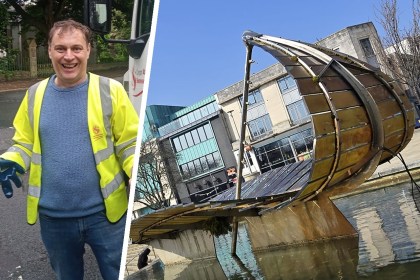 Split image of Cllr Peter May in a hi-vis jacket and the Leaf Boat sculpture in the Castle Square pool