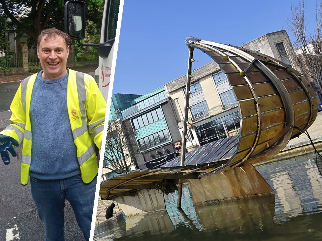 Split image of Cllr Peter May in a hi-vis jacket and the Leaf Boat sculpture in the Castle Square pool