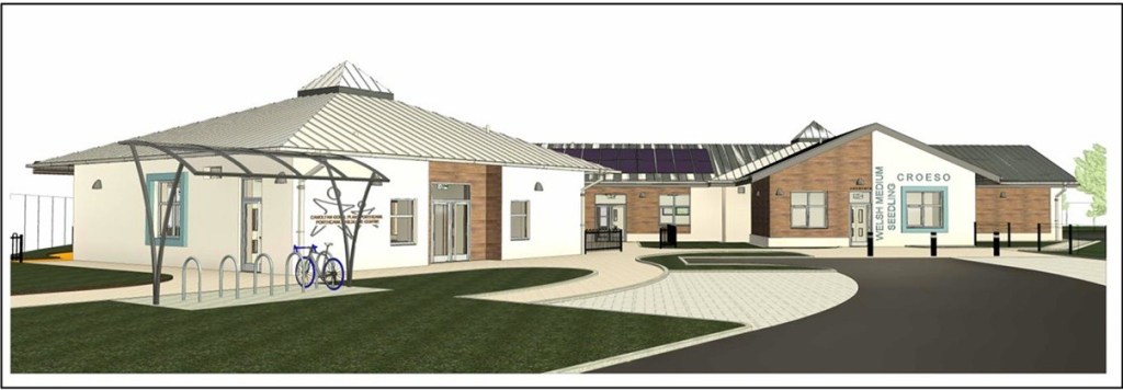 An artist impression of the single-storey Welsh-medium seedling school planned alongside Porthcawl Primary School, with bilingual signage and a cycle shelter