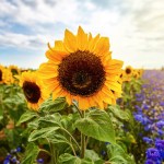A sunflower in close-up against a sunlit sky at the Rhossili fields, with a field of blue cornflowers to the right