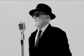 Roger Taylor in a black hat, sunglasses and suit standing at a vintage microphone against a plain background