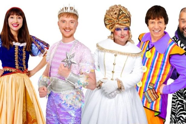 Six pantomime cast members in costume against a white background — the Wicked Queen in a black gown holding a red apple, Snow White in a blue and gold dress, the Spirit of the Forest in a silver crown, a dame in a white sequinned gown and gold bow, a comic in a striped waistcoat, and a henchman in a zebra-print coat.