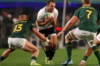 Wales and South Africa players contest possession during the Nations Championship match in Durban