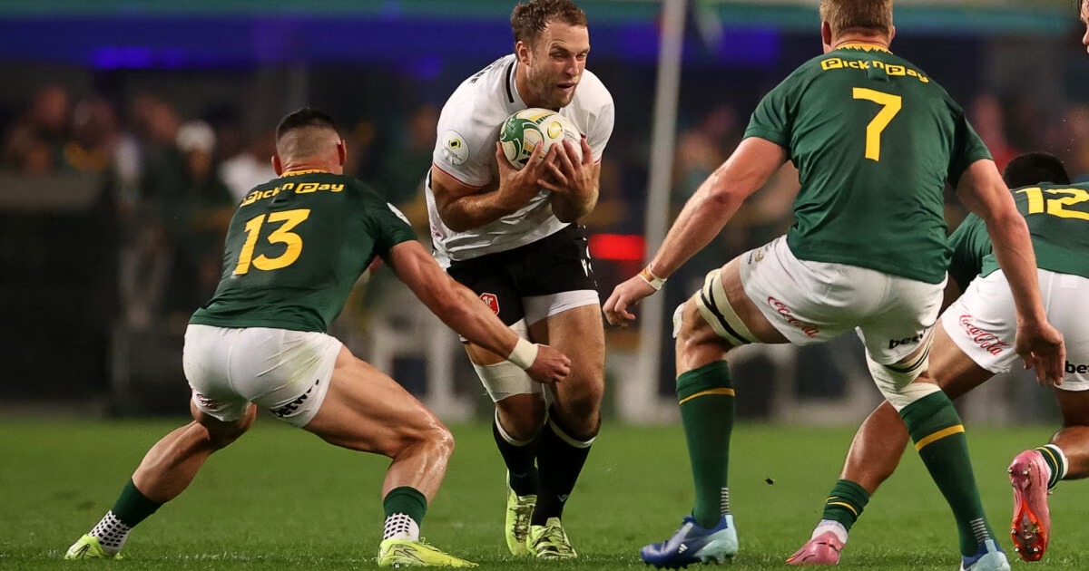Wales and South Africa players contest possession during the Nations Championship match in Durban